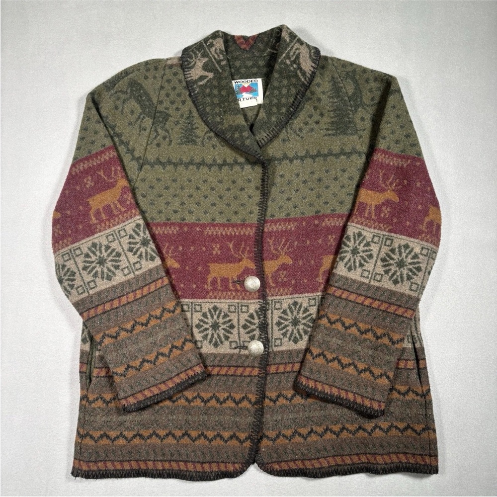 Wooded River Women's Sz L Wool Blend Cardigan Coat Reindeer Western Button Front